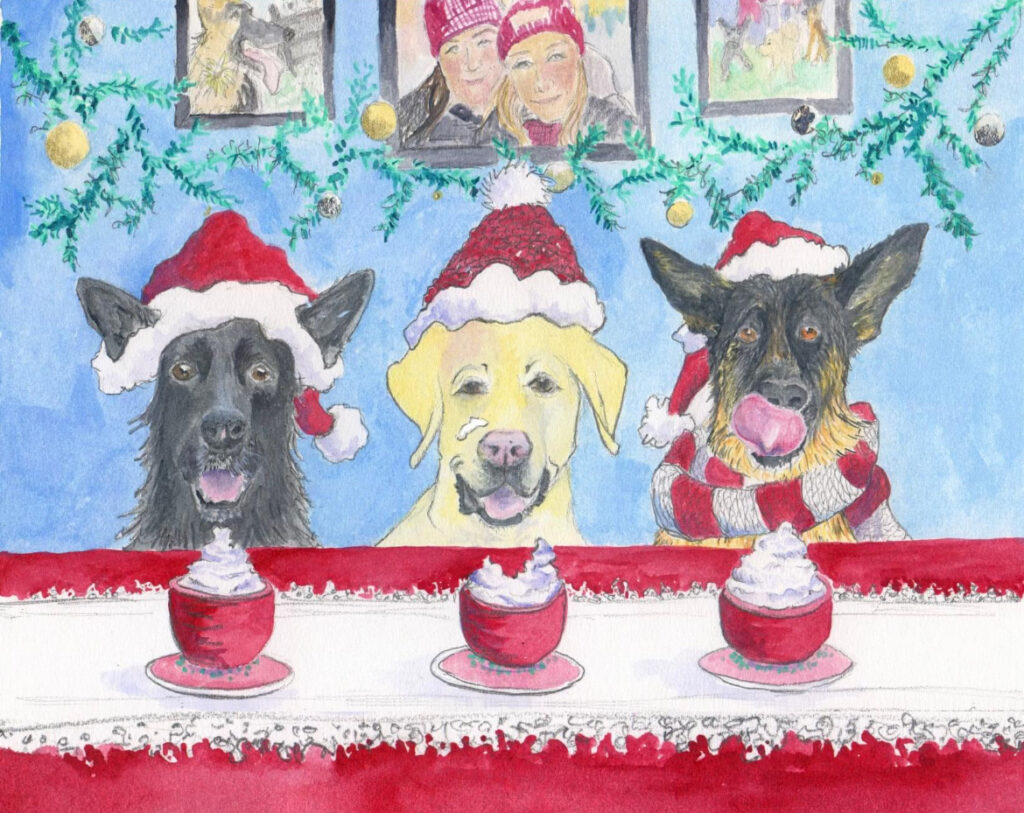 3 dogs in front of cups of whip cream. one black German Shepherd, one yellow lab, one typical color german shepherd. They have santa hats on.